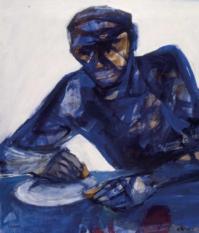 Painting of a man eating hummus