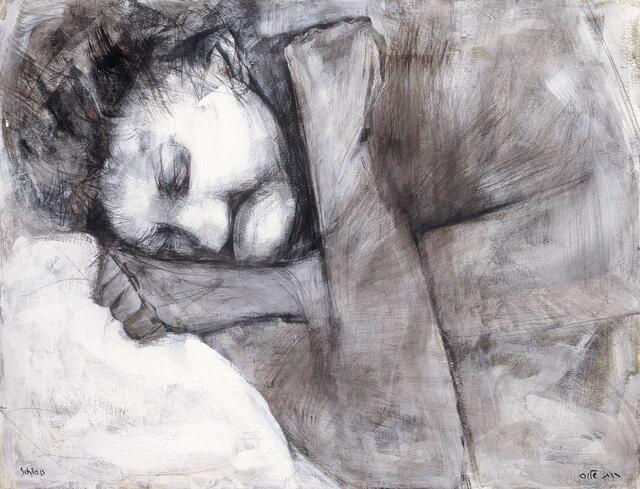 Black and white painting of an elderly woman lying down