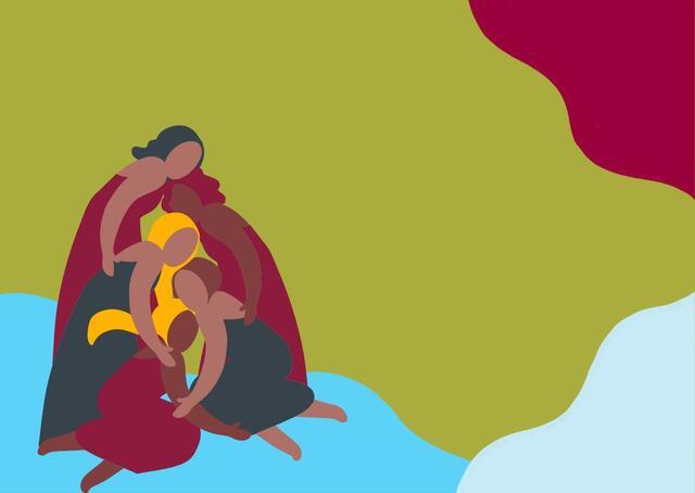 Colorful Illustration of Women Leaning on Each other