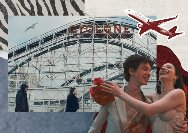 Collage with image of characters from the film, Anora and Vanya, and Coney Island cyclone roller coaster
