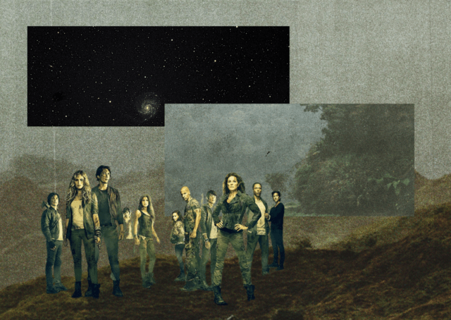 Collage with images of characters from The 100 and an image of the universe