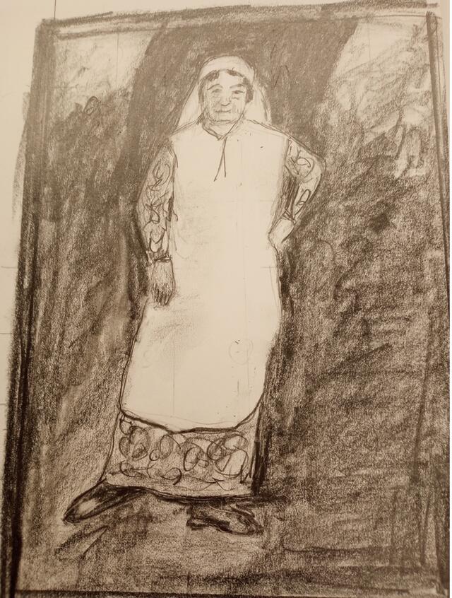 black and white drawing of a woman with a white apron and white head covering