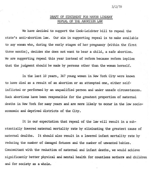 Draft of Statement by Joyce (de Terra) Antler for Mayor Lindsay, March 2, 1970
