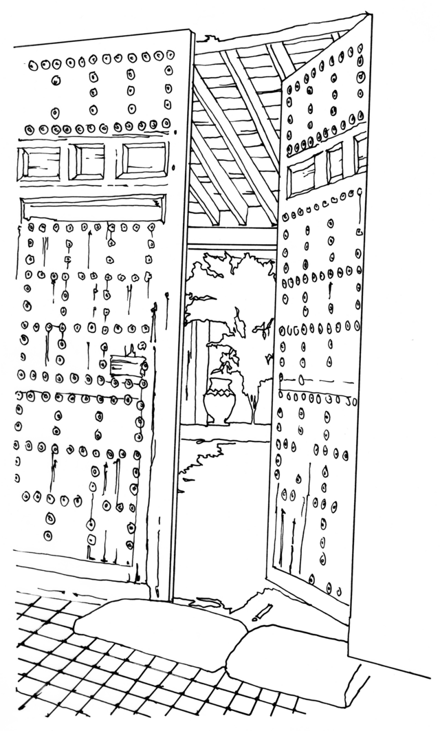 Artistic rendering of courtyard door in Puebla de Montalbán