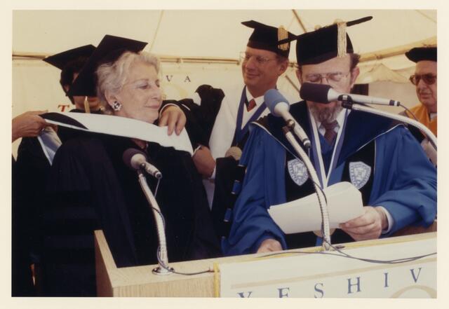 Blanche Goldman Etra receiving an honorary degree from Yeshiva University, 1987