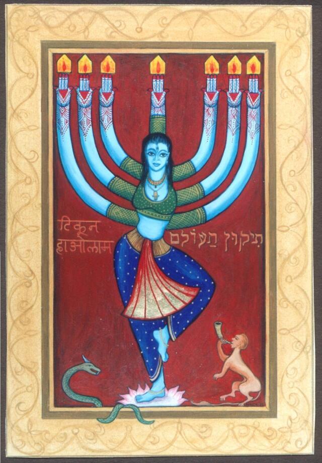 Painting by Siona Benjamin featuring a woman as the body of a menorah, with seven branches coming out as arms