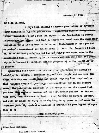 Letter to Emma Goldman from Lillian Wald, December 5, 1910 