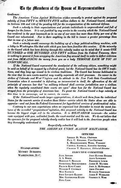 Letter to the Members of the House of Representatives from Lillian Wald