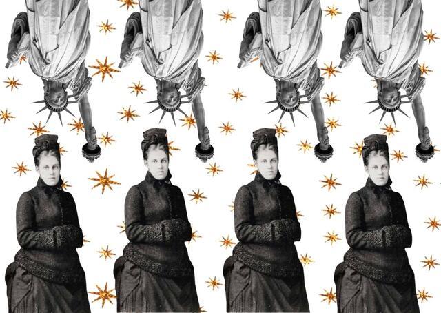 Repeated images of the Statue of Liberty on the top row. Repeated images of Emma Lazarus on the bottom row.